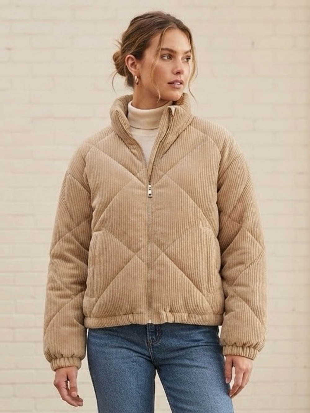 Love Tree Beige Quilted Corduroy Puffer Jacket | Size L